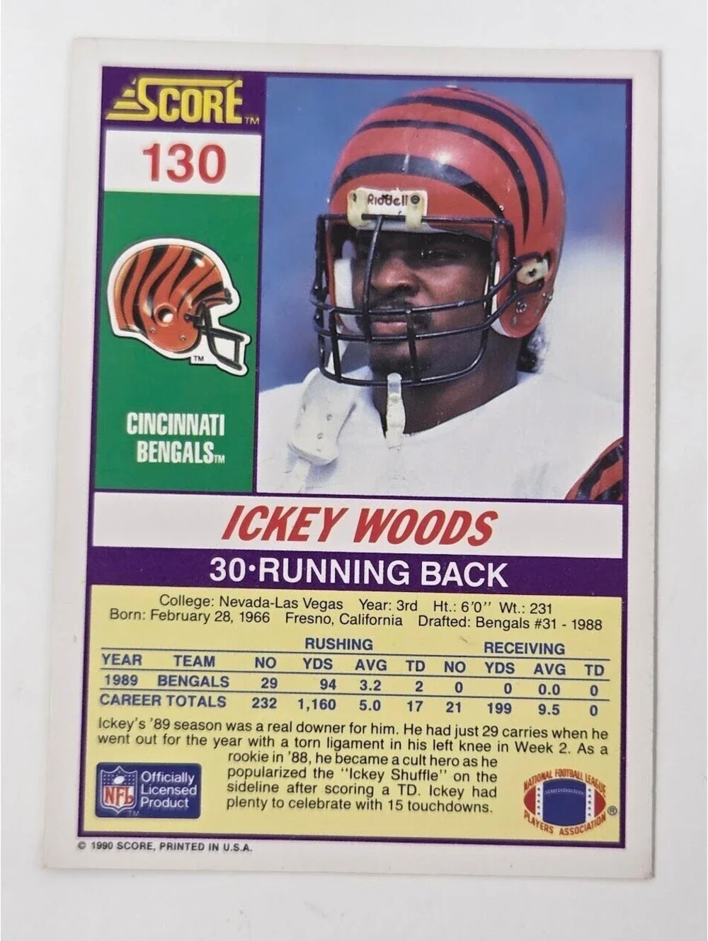 1990 Score Ickey Woods Bengals Signed Running Back Football Card Auto